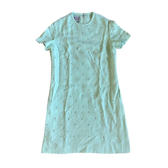 Vintage 60s Carlye Long Sheath Rhinestone Square Mint Green Mini Dress Pockets - Picture 1 of 8